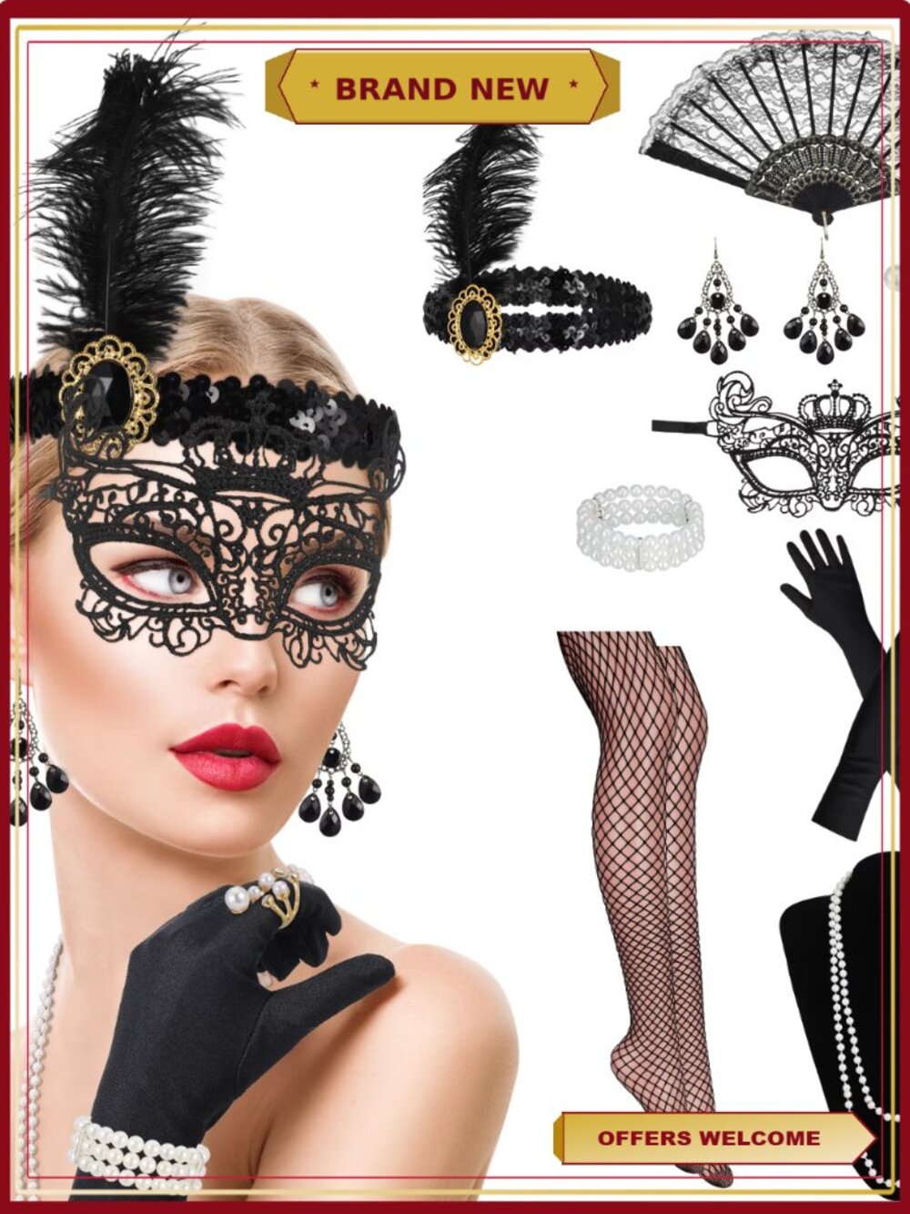 1920s Flapper Accessories Set for Women - Headband Earrings Mask Necklace